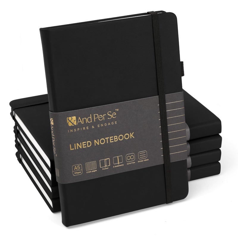⩓ Per Se Lined Journal Notebook (5 حزم)، 160 صفحة، A5 5.7 × 8 بوصة مجلات ورقية سميكة مسطرة بالكلية للكتابة، دفاتر ملاحظات ذات غلاف فني للنساء والرجال والمدرسة (أسود) - Image 1
